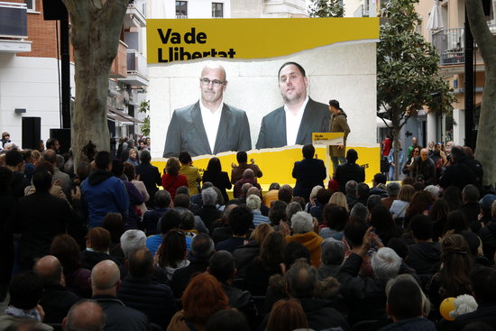 Esquerra's campaign slogan 'It's about freedom' is prominent at their rallies